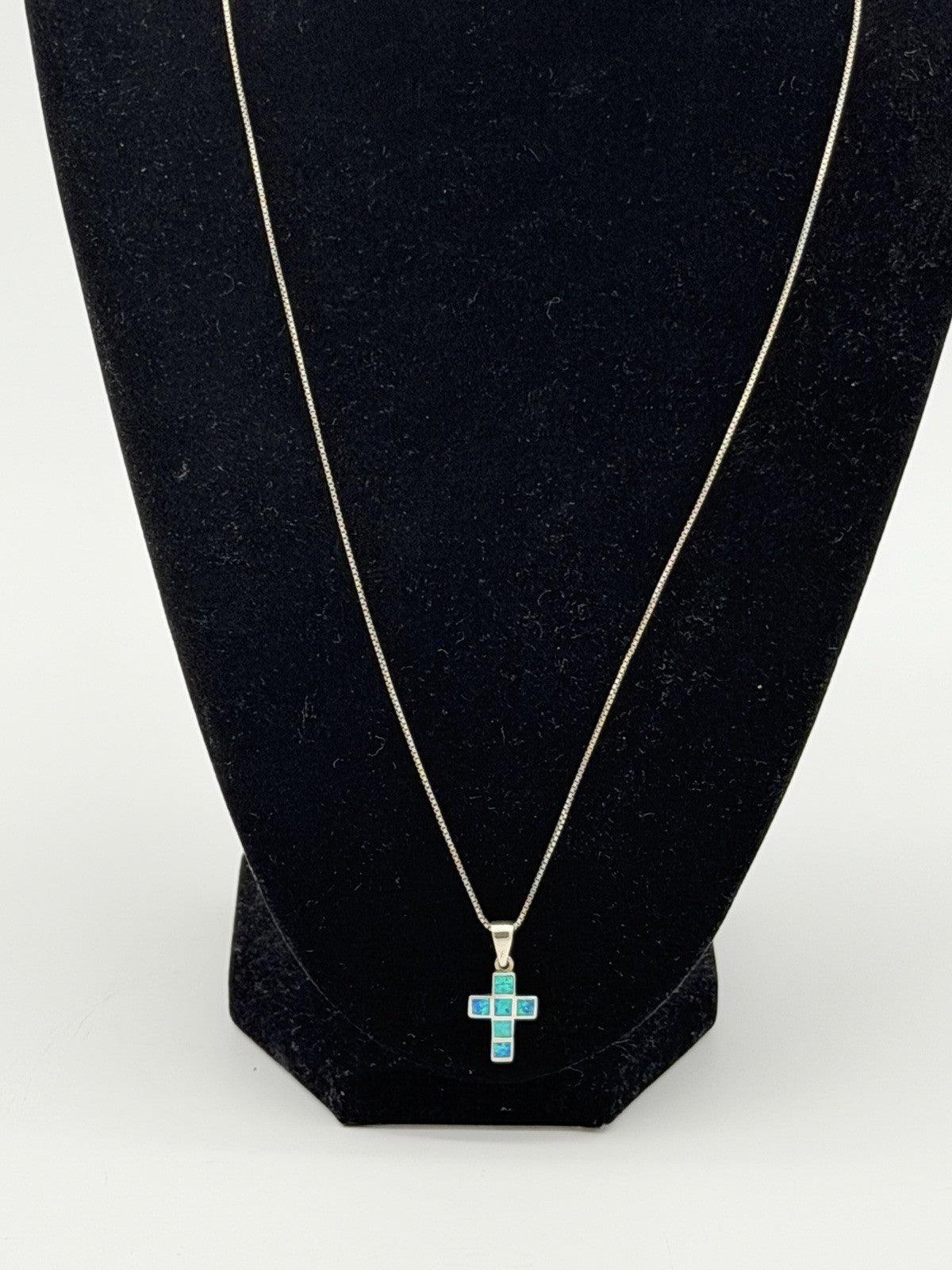 Sterling Silver 925 Sparkly Blue Fire Opal Small Cross Pendant & Necklace 21”