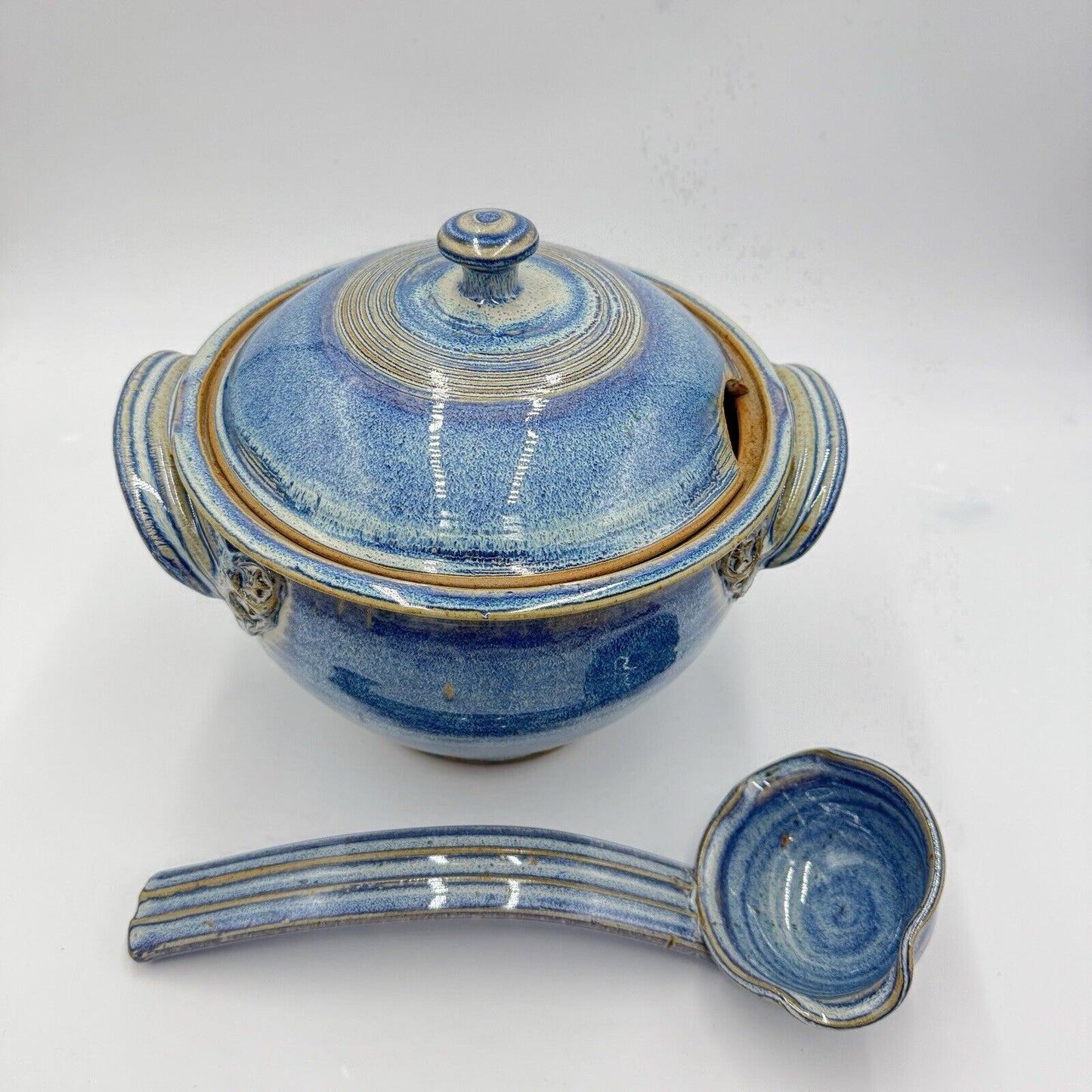 Steve Coburn Pottery Casserole with Lid Covered Soup Dish USA Ladle Blue Signed