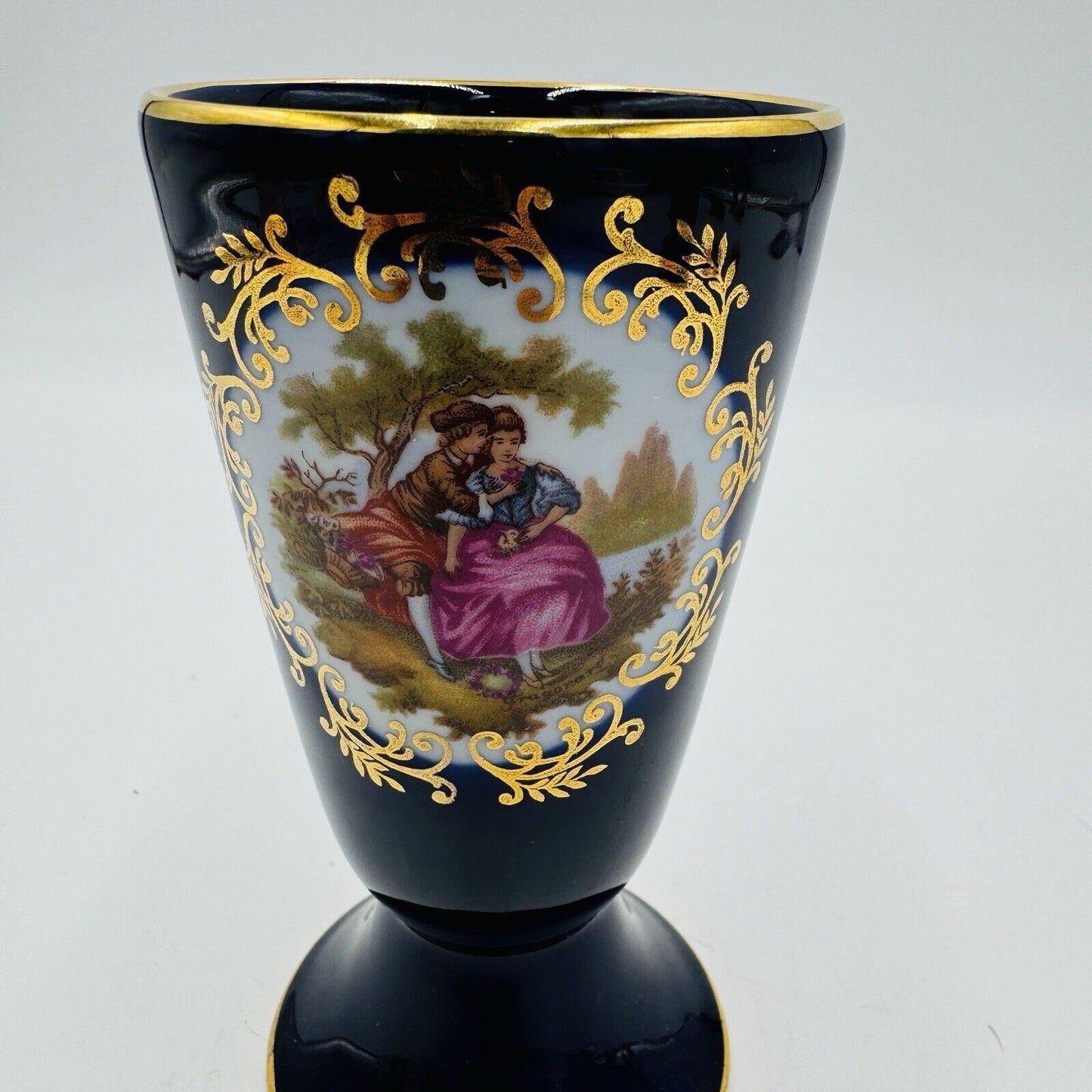 Limoges France Cobalt Blue Goblet /flagon Porcelain Gold Romantic Scene 5” Vase