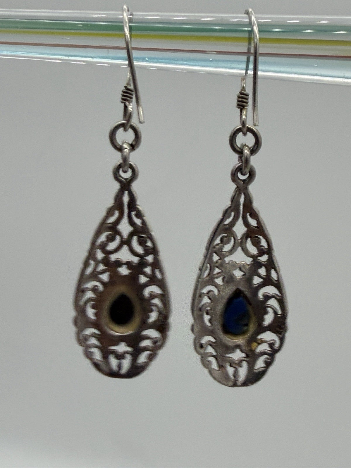 Sterling Silver Filigree with Blue Accent Stone Dangle Earrings