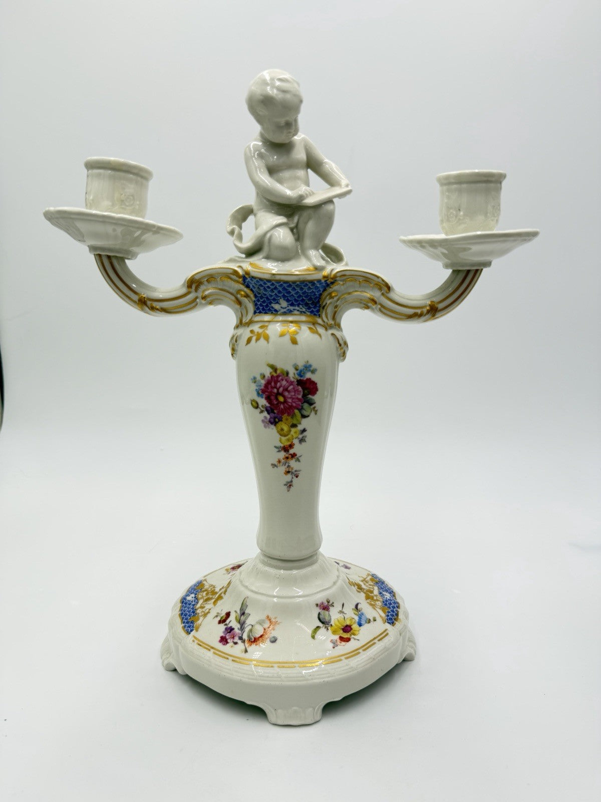 Berlin Rocaille porcelain Candelabra 19th C KPM kneeling reading putto 14” Rare