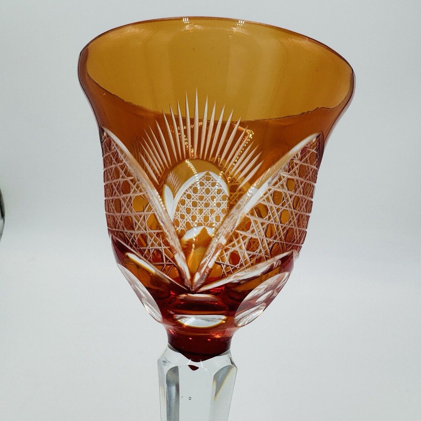 Bohemian crystal cut wine glass orange replacement 8” Vintage Etched