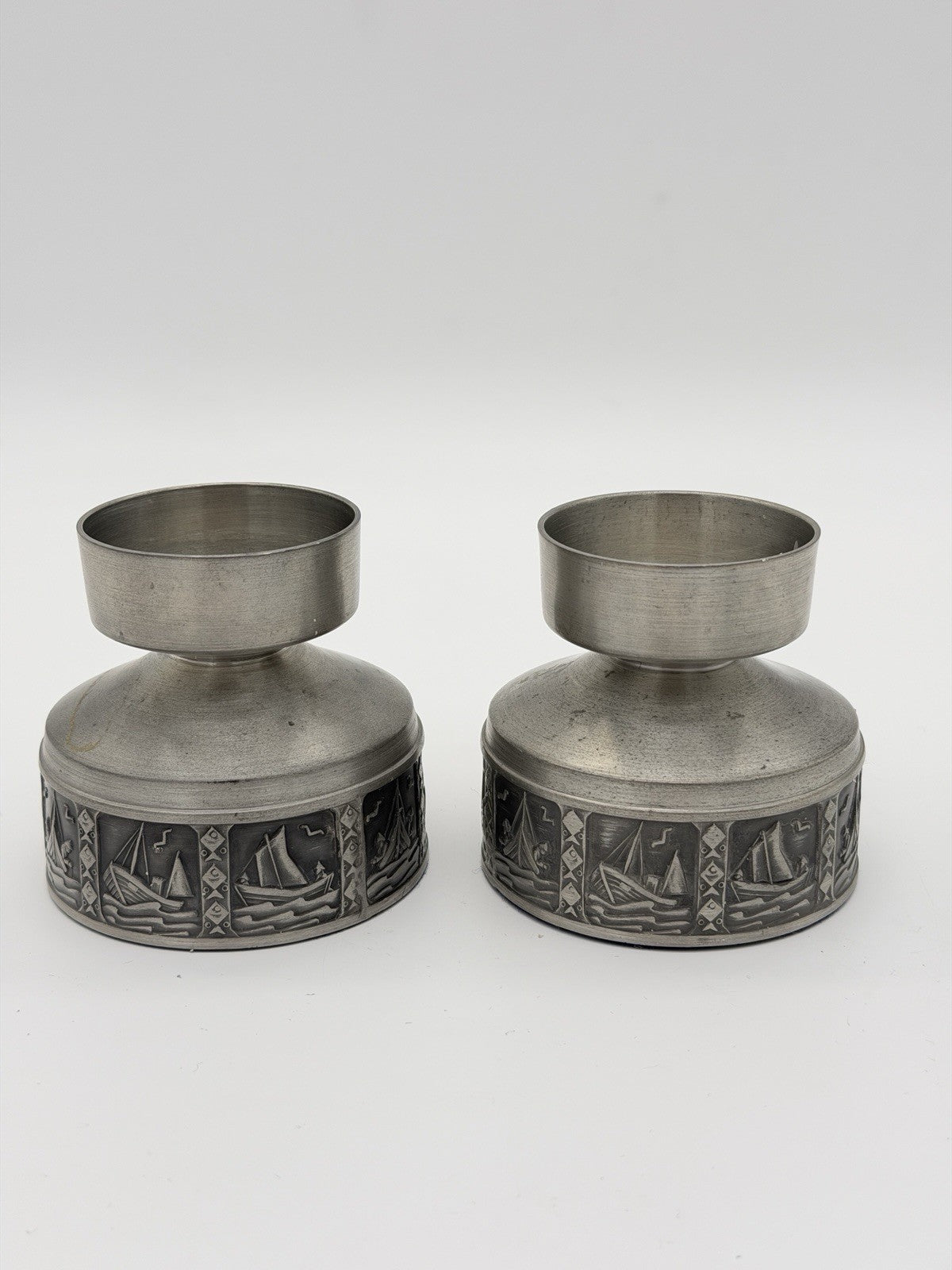 Selandia Norway Pewter Short Candlestick 1960’s Nautical Sailing Boat 2.5”H Pair