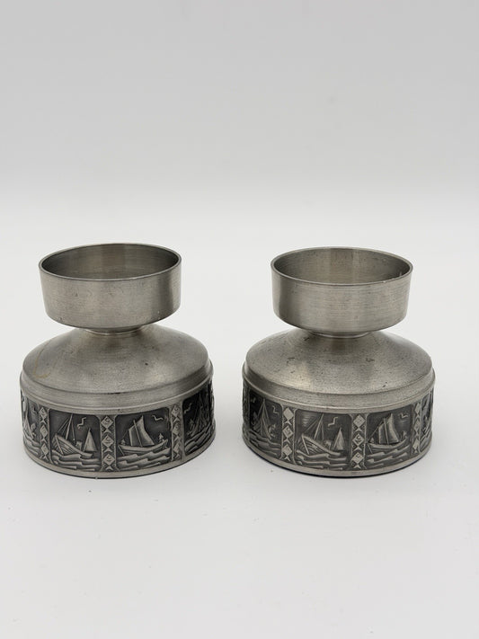 Selandia Norway Pewter Short Candlestick 1960’s Nautical Sailing Boat 2.5”H Pair