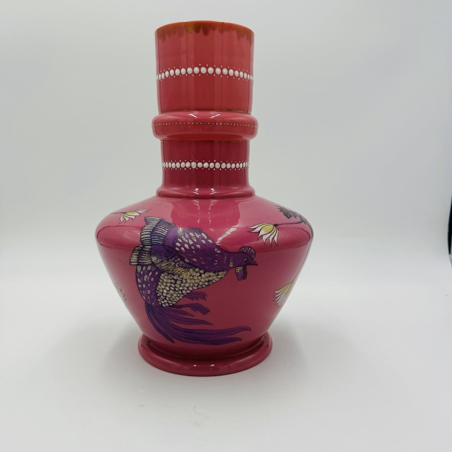 Victorian Aesthetic Pink Opaline Glass Vase Roosters Fighting Daisies Large Rare