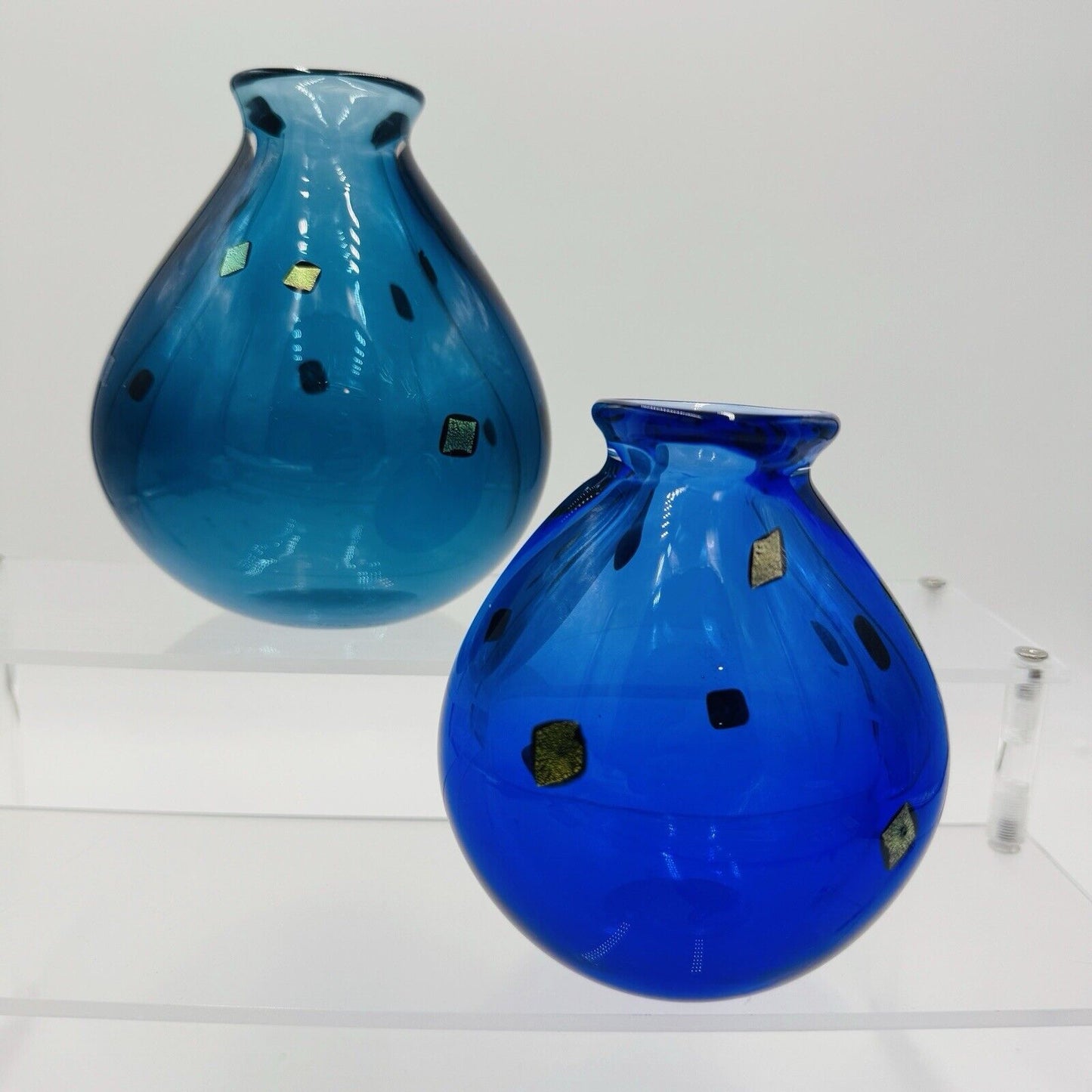 Pair Studio Art Glass Vases Cobalt Blue Gold Black Specks Signed Sharon Fujimoto