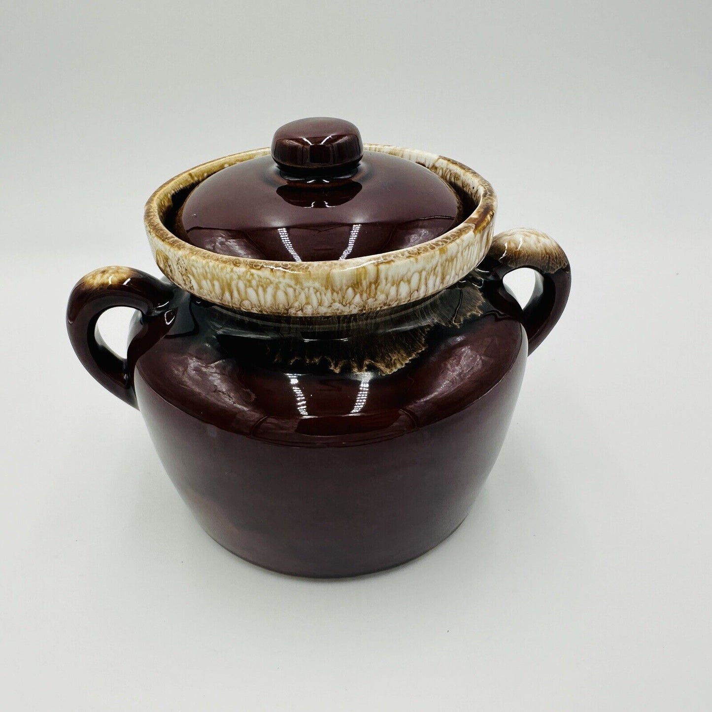 McCoy Pottery Bean Pot Brown Drip Glaze Lidded Handled #341 Vintage USA