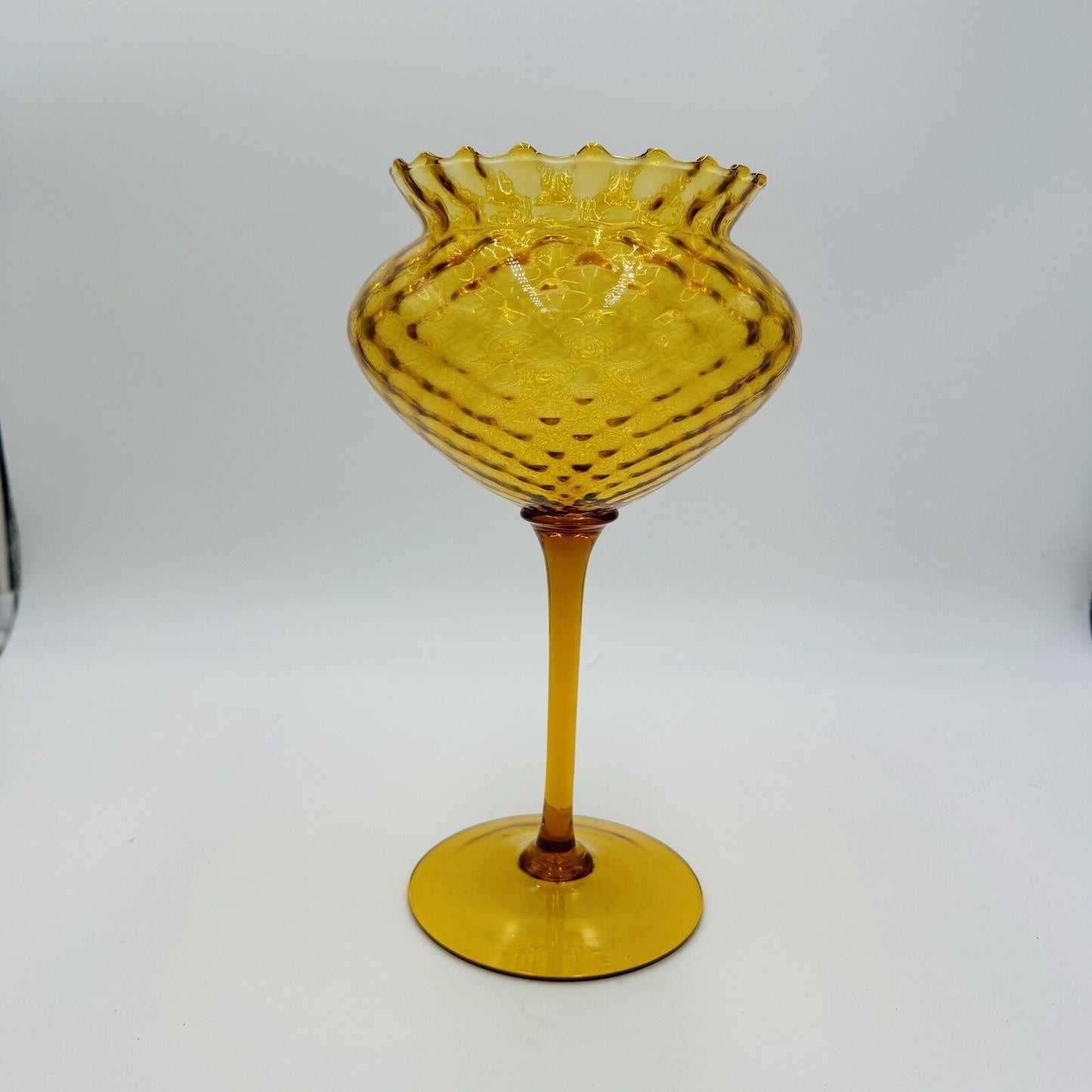 Italian Empoli amber glass diamond optic tall compote 12in