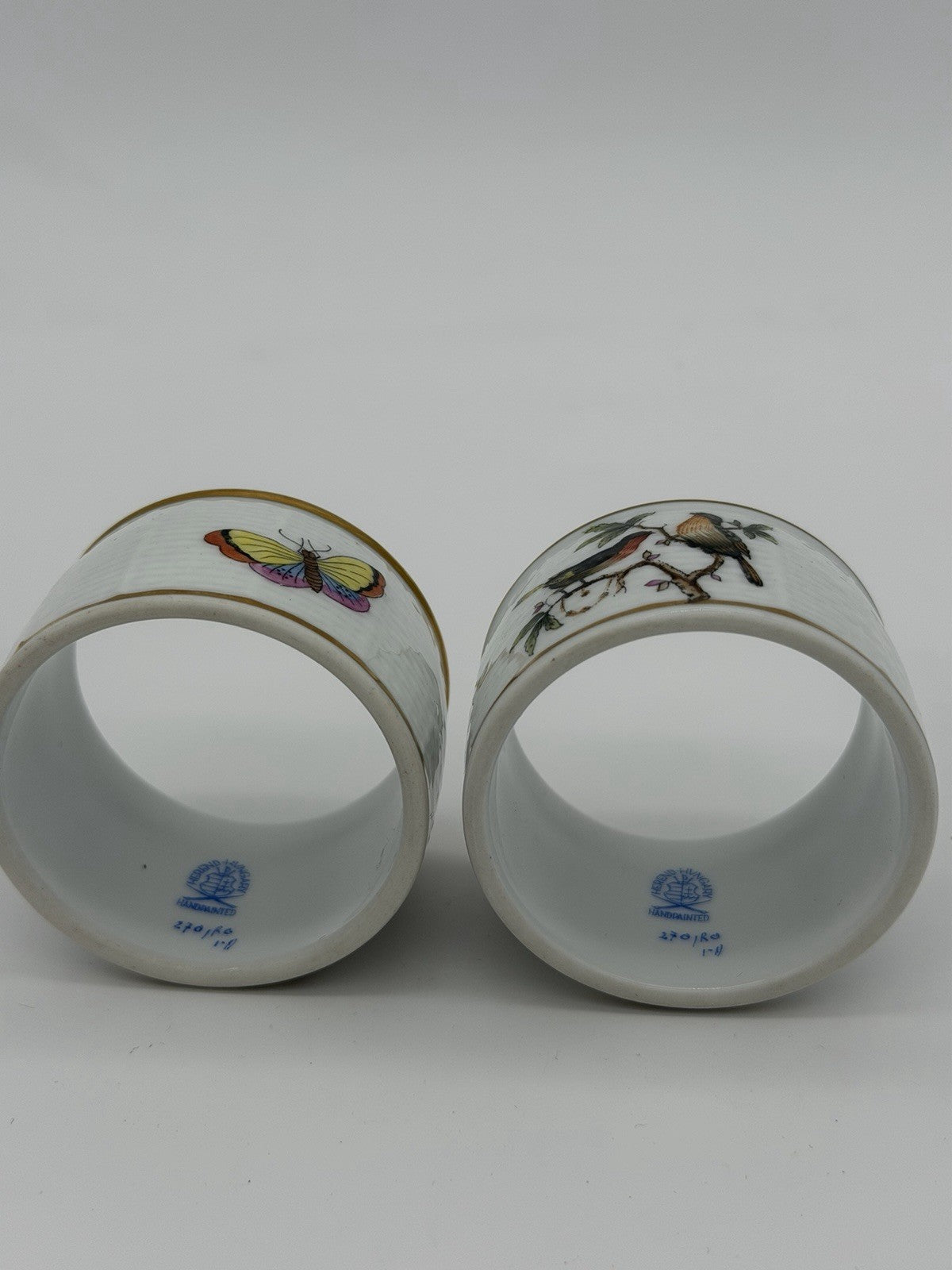 Herend Hungary Rothschild Napkin Rings Porcelain Vintage Painted Birds Butterfly