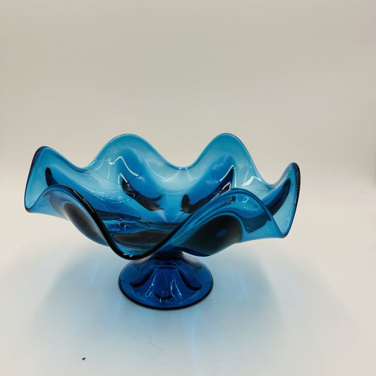 Viking Art Glass Teal Aqua Blue Pedestal Dish Compote Bowl Vintage Mid Century