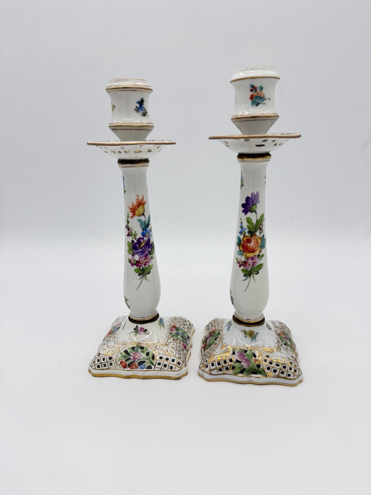 Antique  Dresden Porcelain Carl Thieme Saxony Reticulated 10" Candlestick Floral