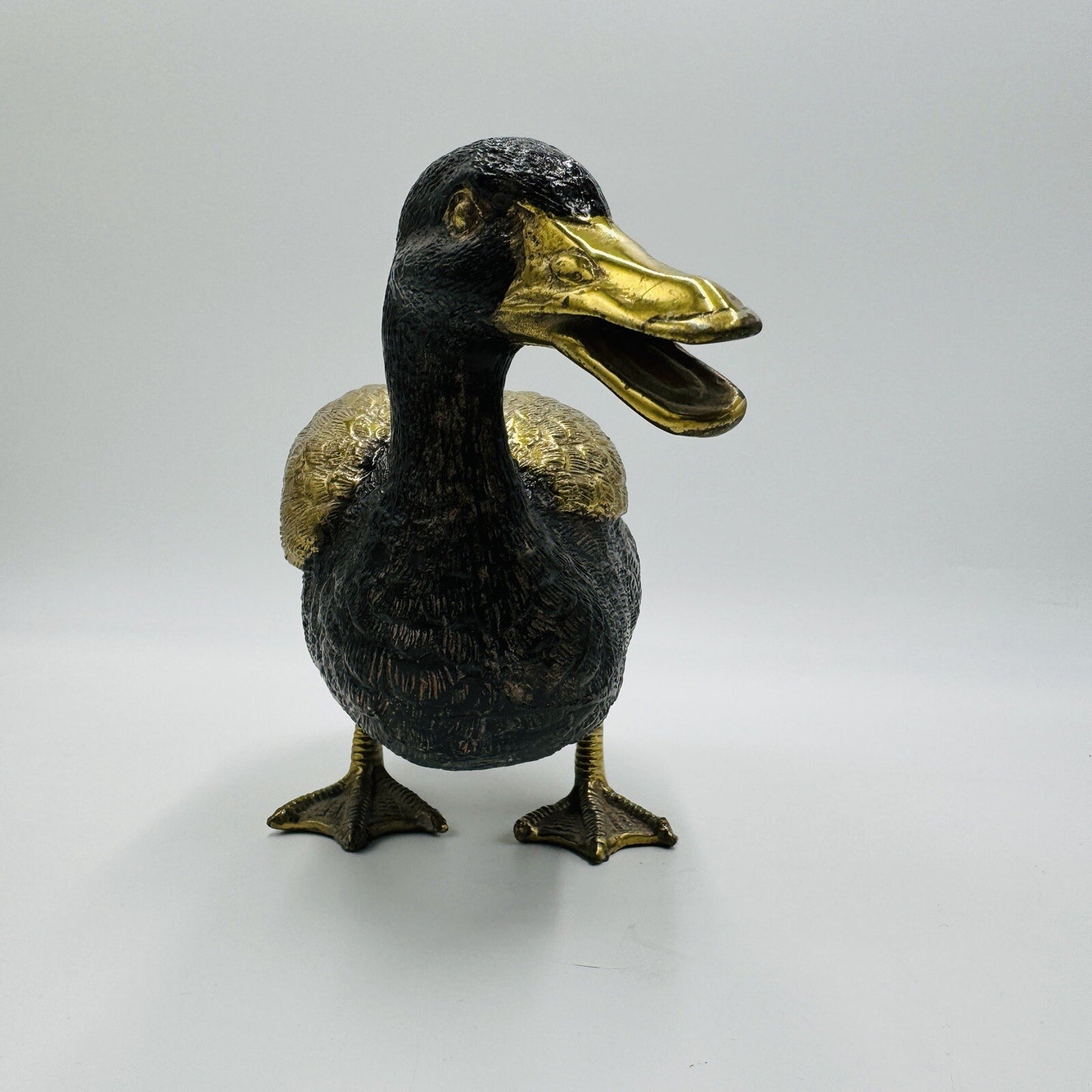 MCM Solid Brass Duck Mallard Sculpture Detailed Vintage 6in H x 11in L Rare