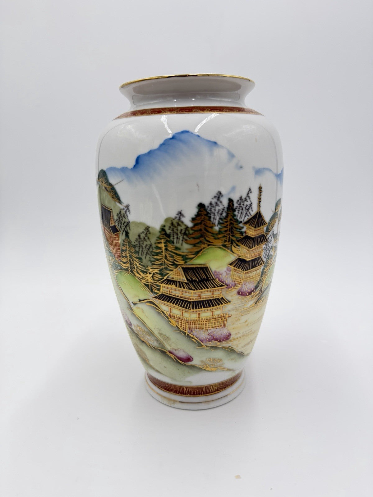 Antique Japanese Porcelain Satsuma vase Meiji period pagoda mountain 8.5”H