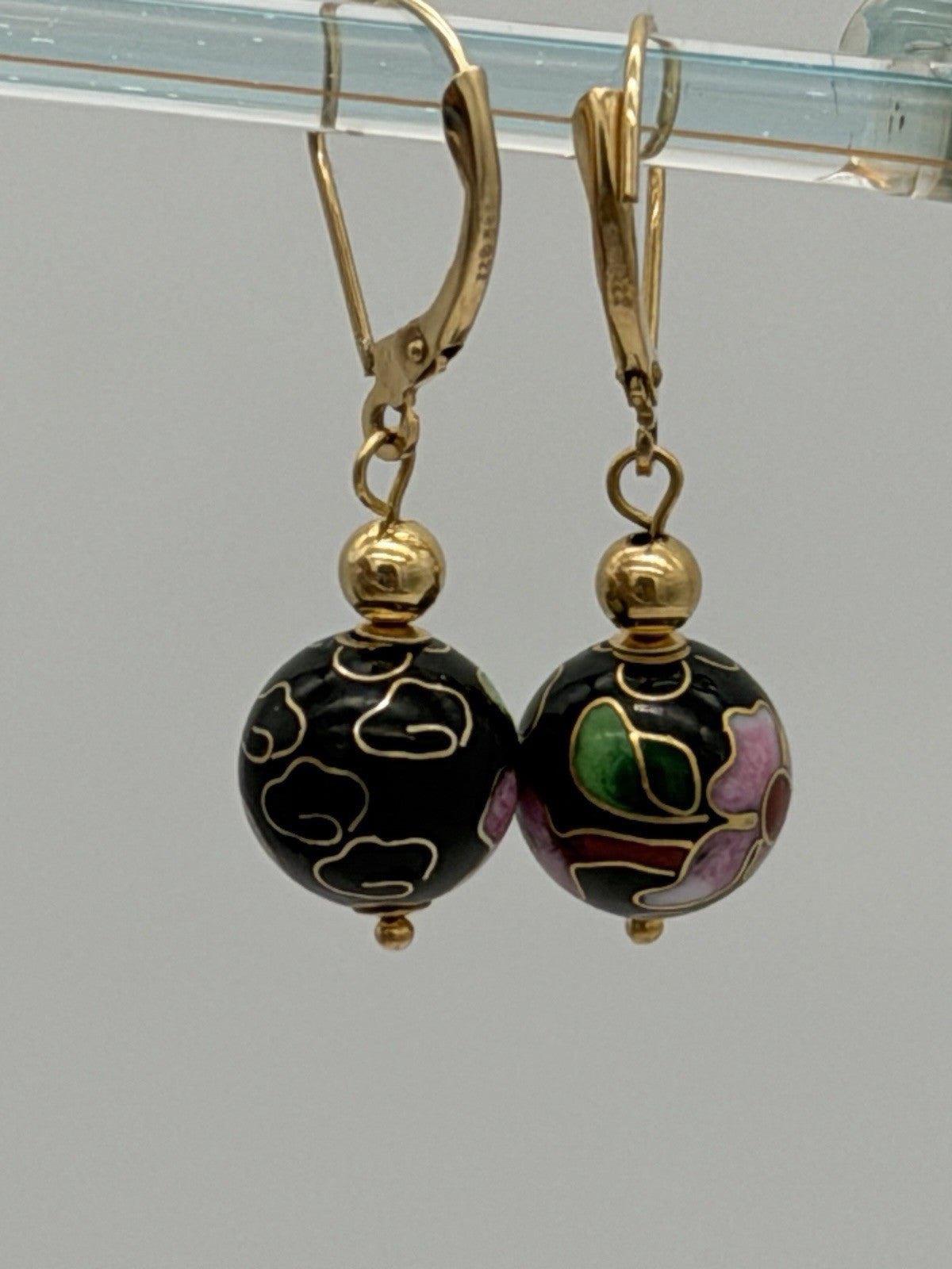 Vtg Pair of Earrings 14K Gold Cloisonne Flower Ball Drop Dangle Signed ZZ 585