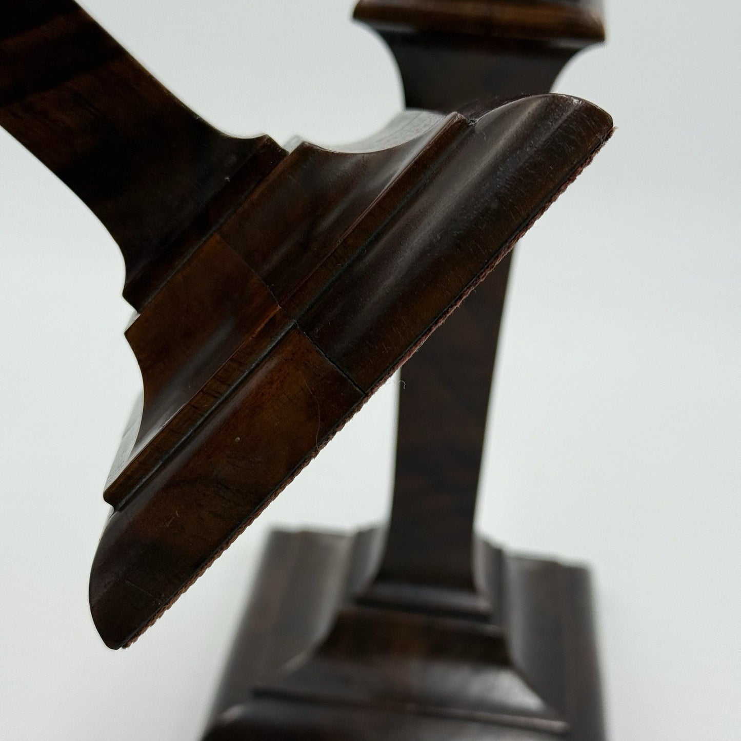 Early 20th Century Walnut Veneer Wood Pedestal Candlesticks Pair Red Velvet 10in