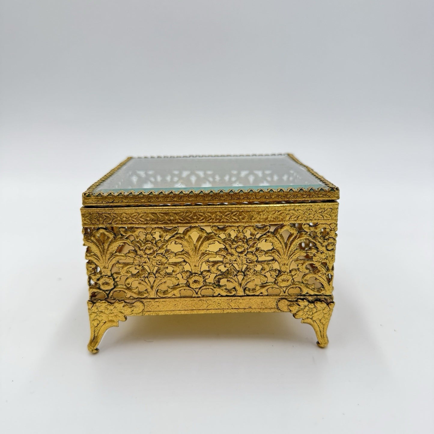 Ormolu gold filigree jewelry casket with beveled glass Hollywood Regency Box