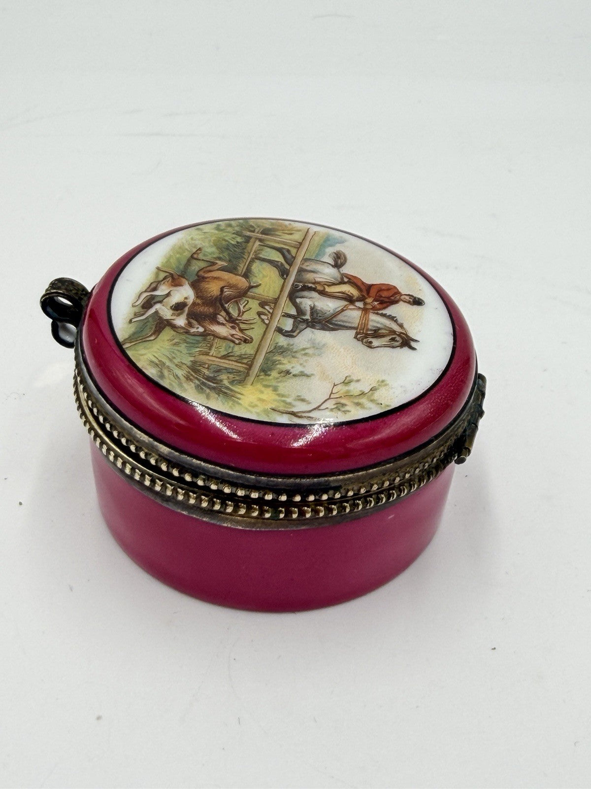 Rare Antique Czechoslovakian Painted PorcelainTrinket Box Equestrian hunt scene