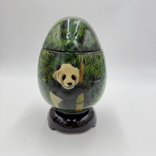 Vtg wooden hand painted trinket box 7.5"x4" base lacquer box panda bear