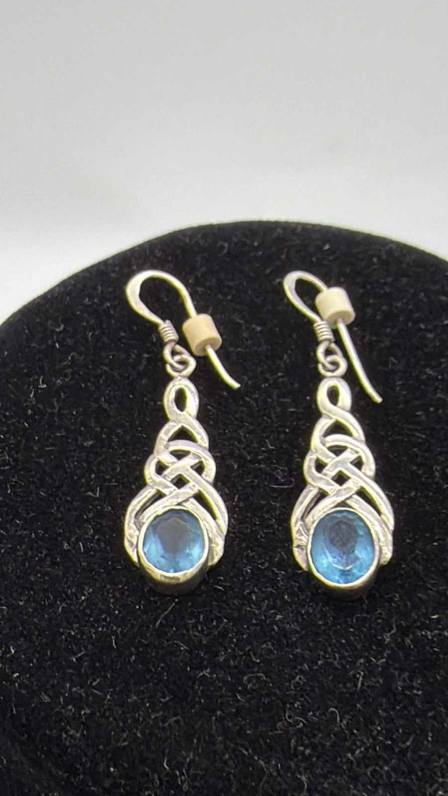 Vintage Sterling Silver & Blue Topaz Scottish Celtic Drop Dangle Earrings