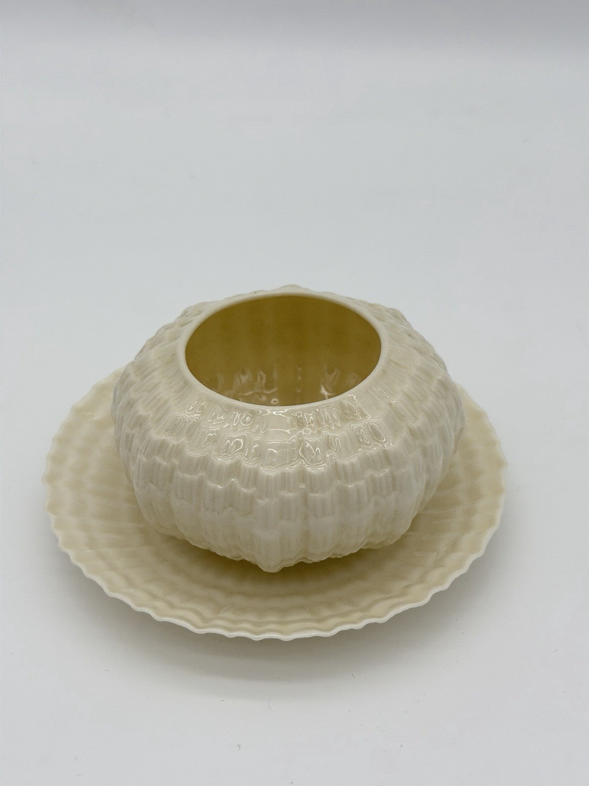 Belleek Ireland Tridacna Open Sugar Bowl & Saucer Sea Shell Porcelain Set 2 PCs