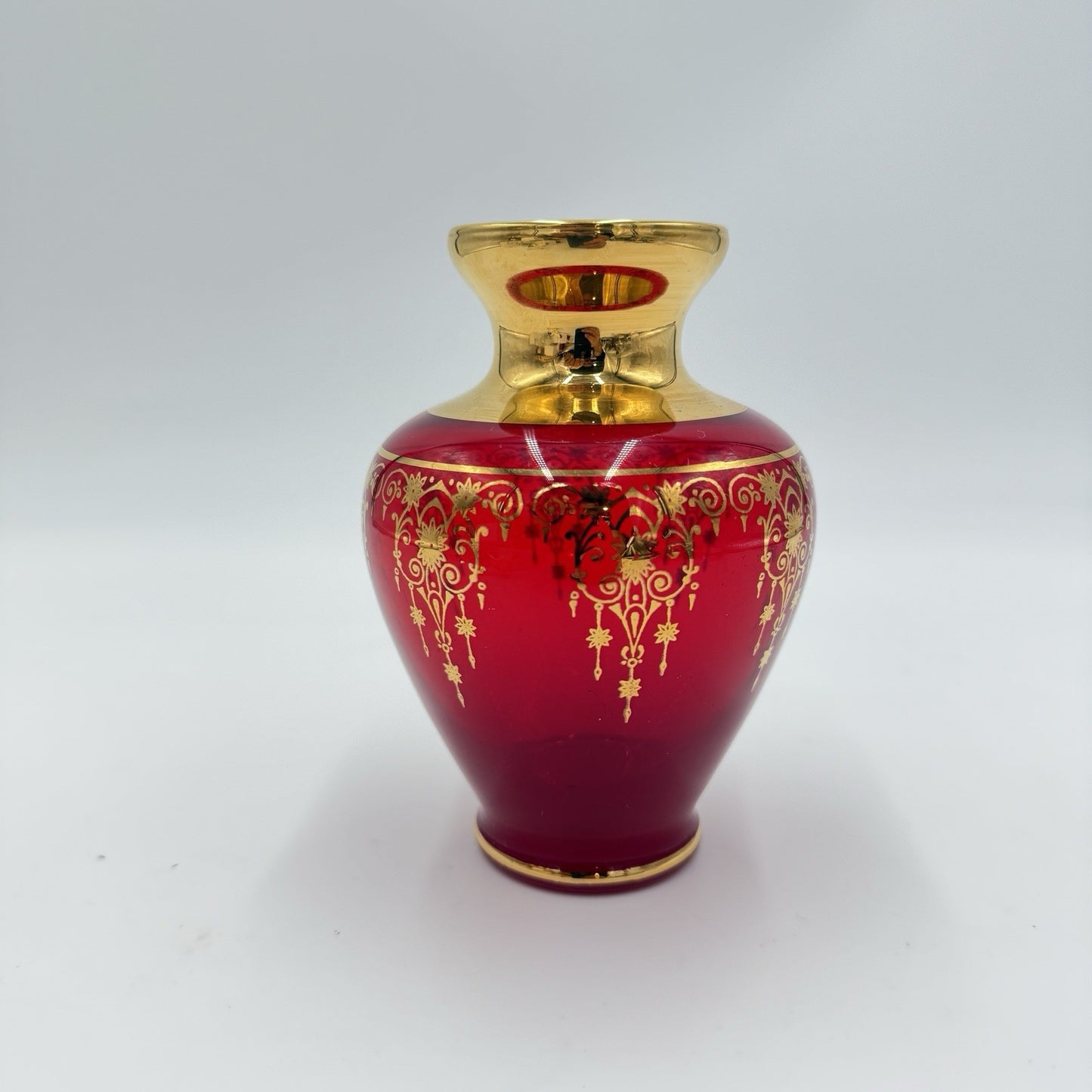 Vecchia Murano Ferro and Lazzarini Ruby Red Glass 22k Gold Leaf Vase Italy Glass