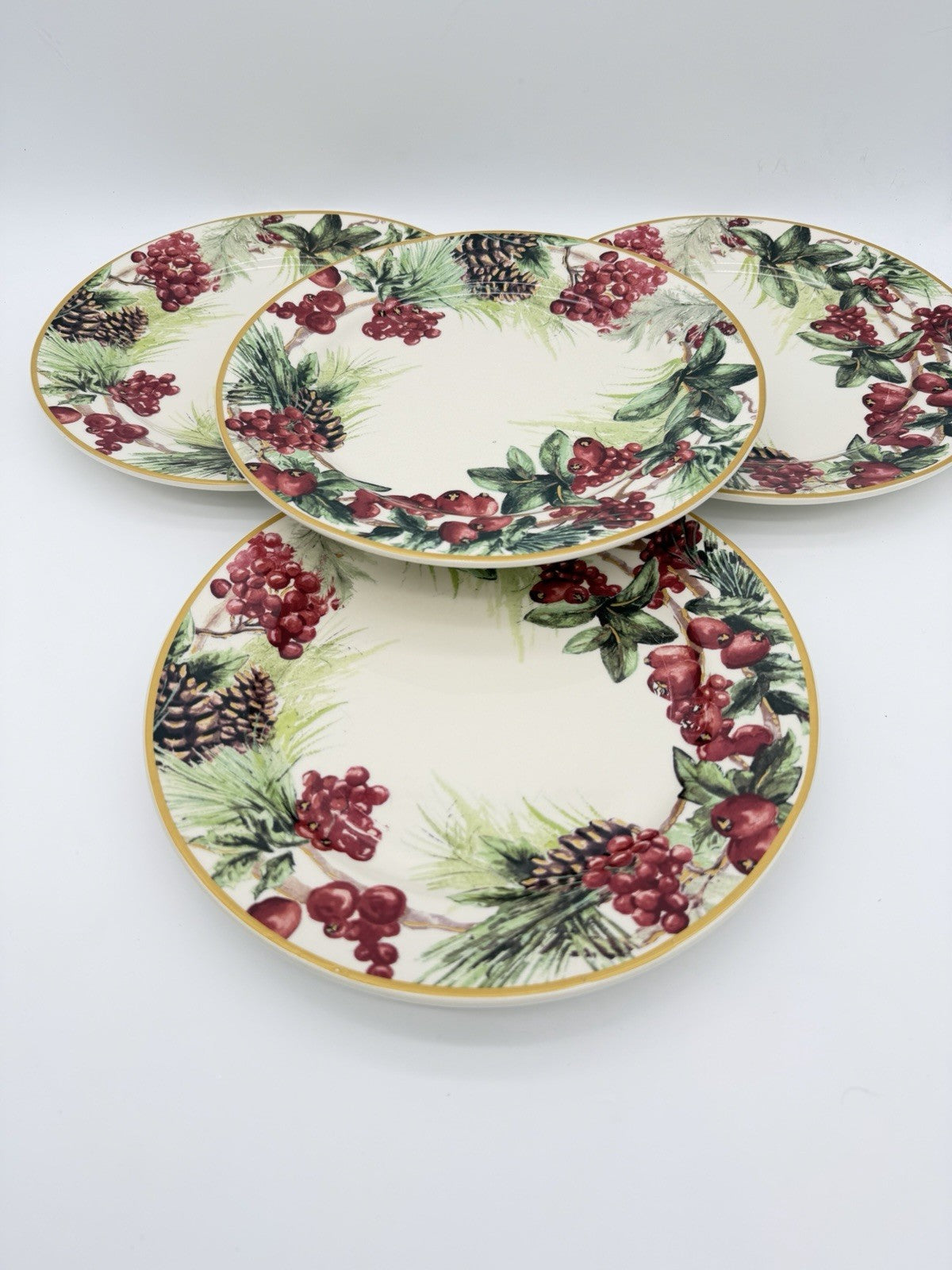 Botanical Wreath Williams Sonoma Dinner Plates 10.5” Red Berries & Pinecones 4
