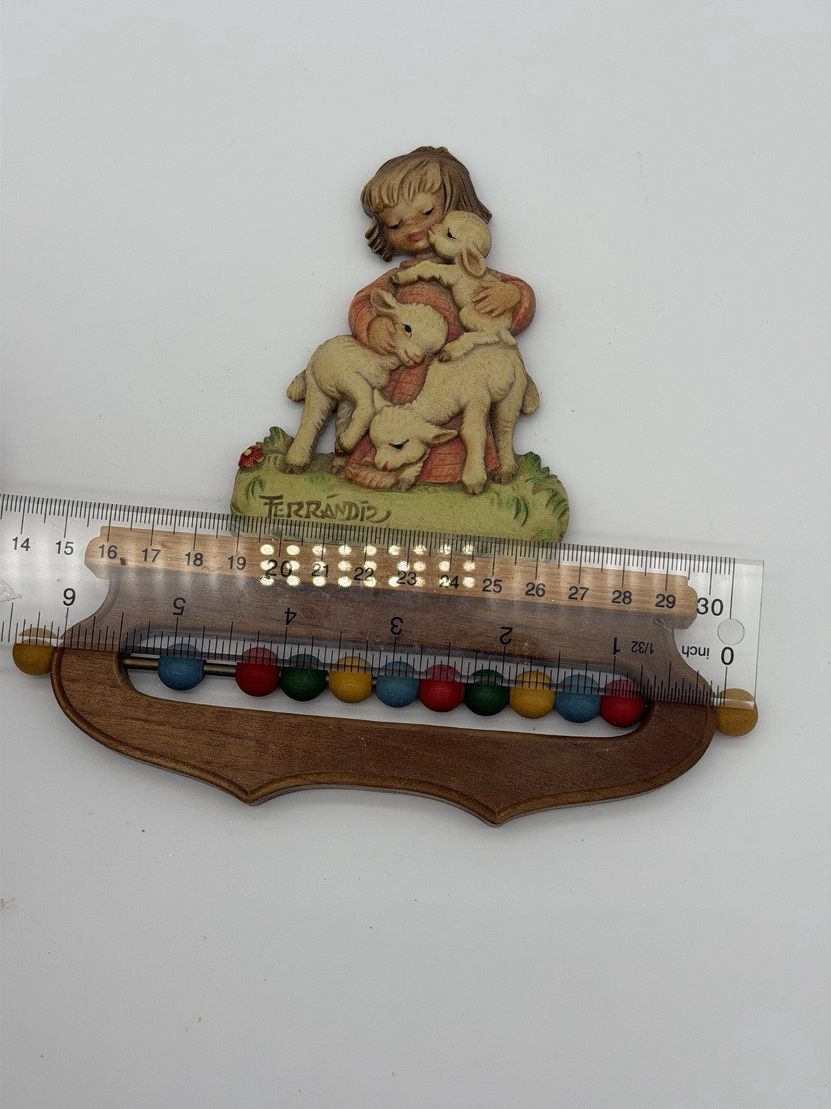 ANRI Ferrandiz Italy wood carving nursery wall decor child w/ lambs abacus
