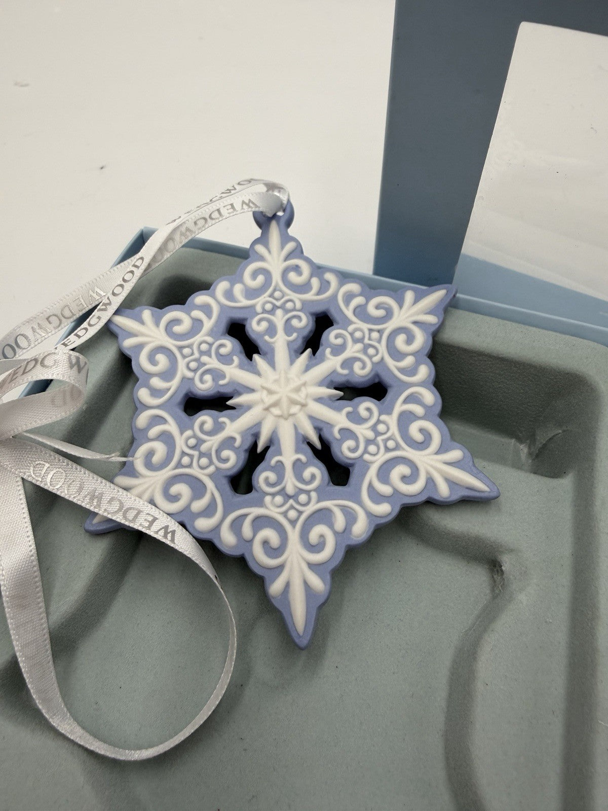 Wedgwood Jasperware White Blue Pierced Snowflake Christmas Ornament