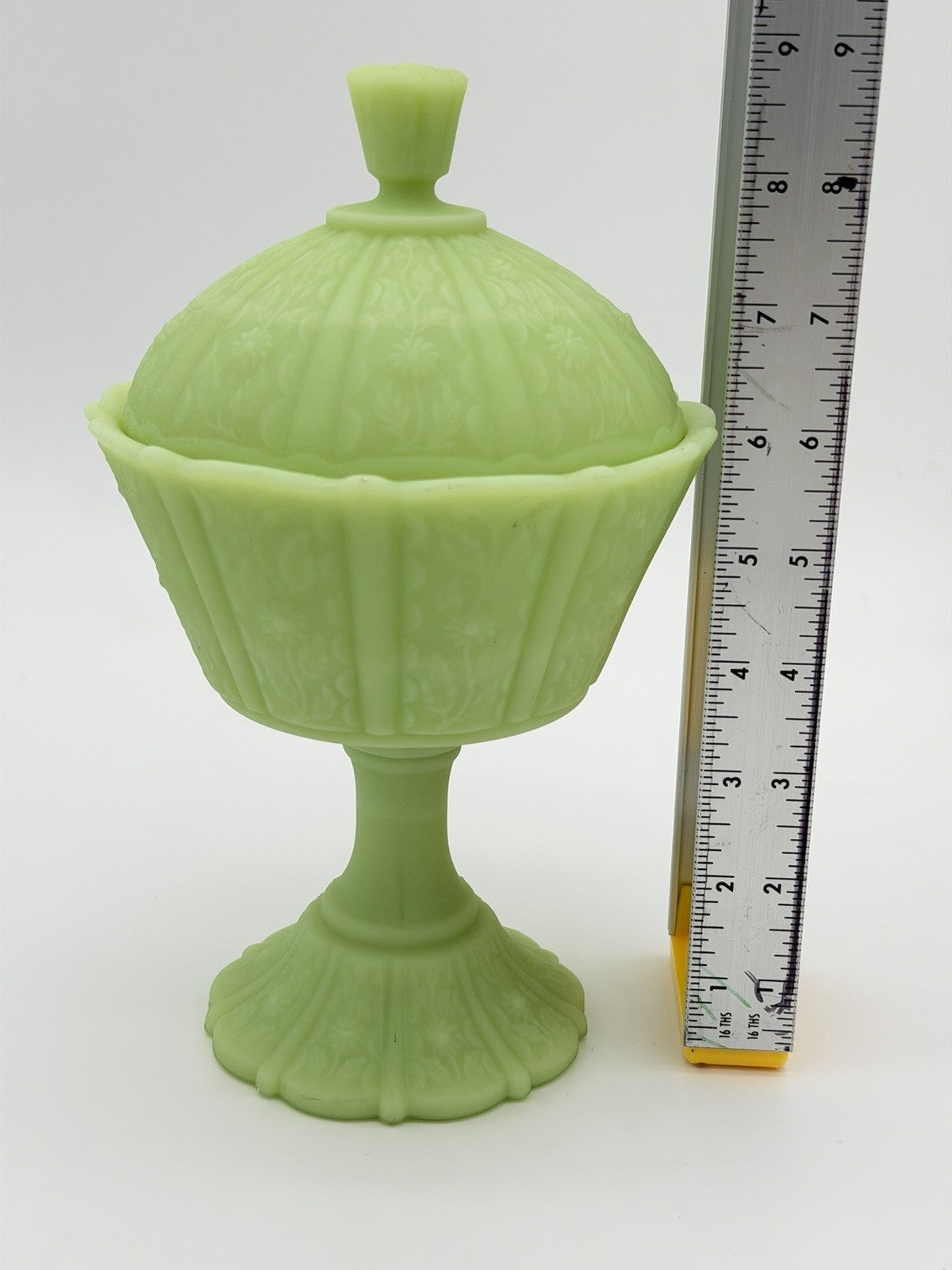 Fenton Art Glass Lime Green Satin Custard Compote Candy Dish Daisy Uranium 9”