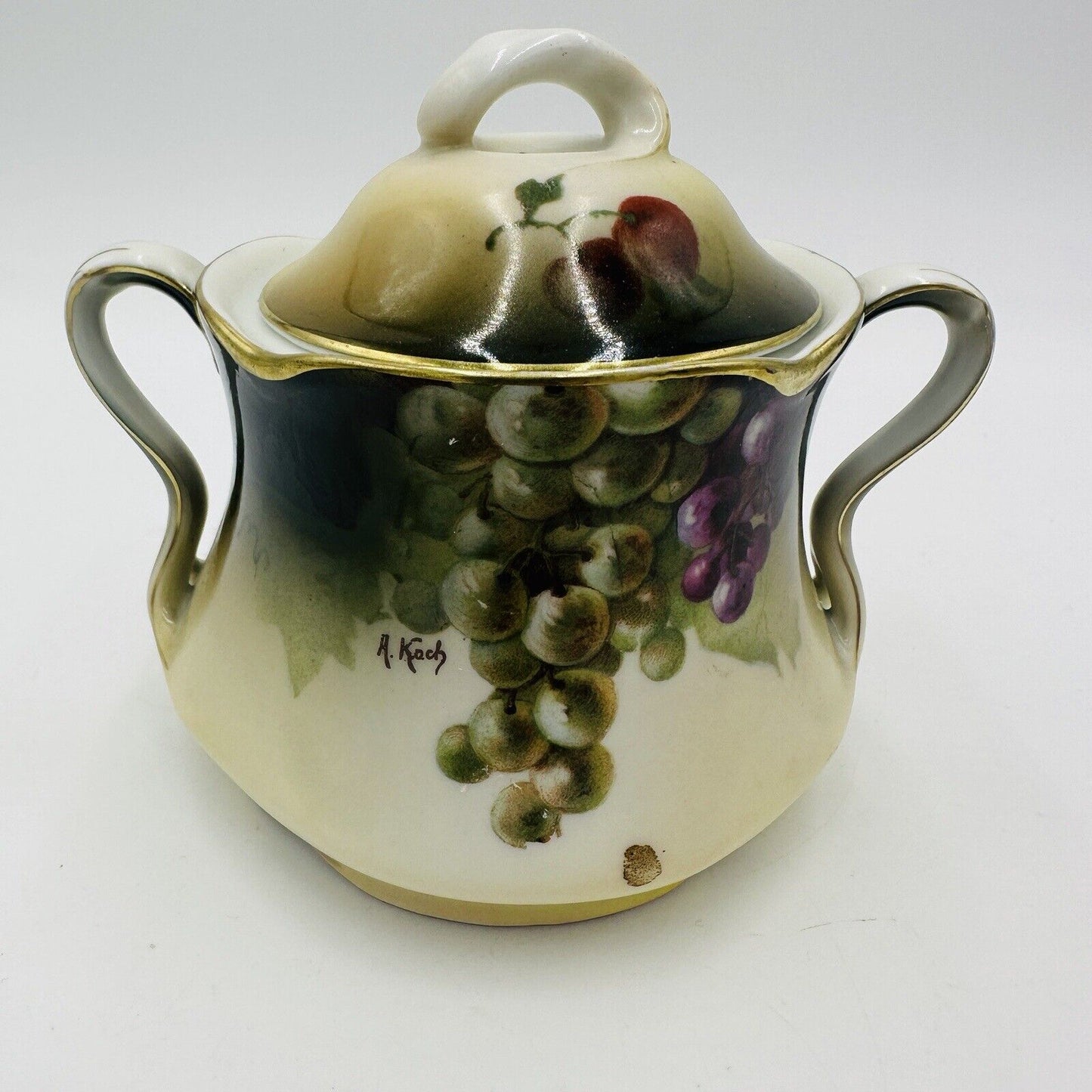 J & C Bavaria Sugar Bowl Louise Lid Hand Painted Grapes Vine Antique Porcelain