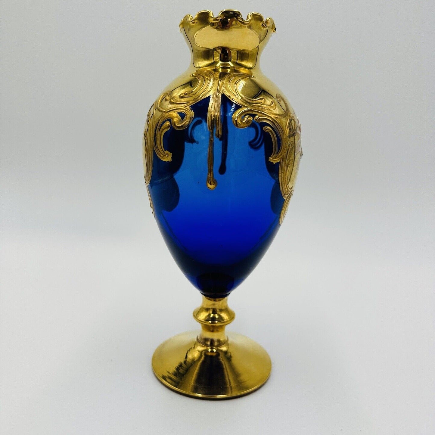 Venetian Italian Vase Cobalt Blue Ruffle Footed Gold Glass Floral Applique