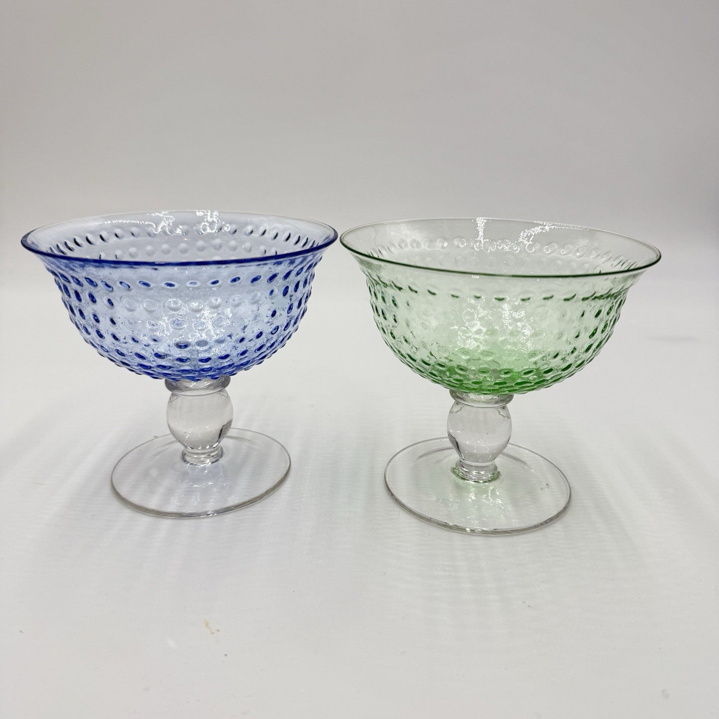 Vintage Hobnail Art Glass Blue Green Dessert Sherbet/Glasses Pair