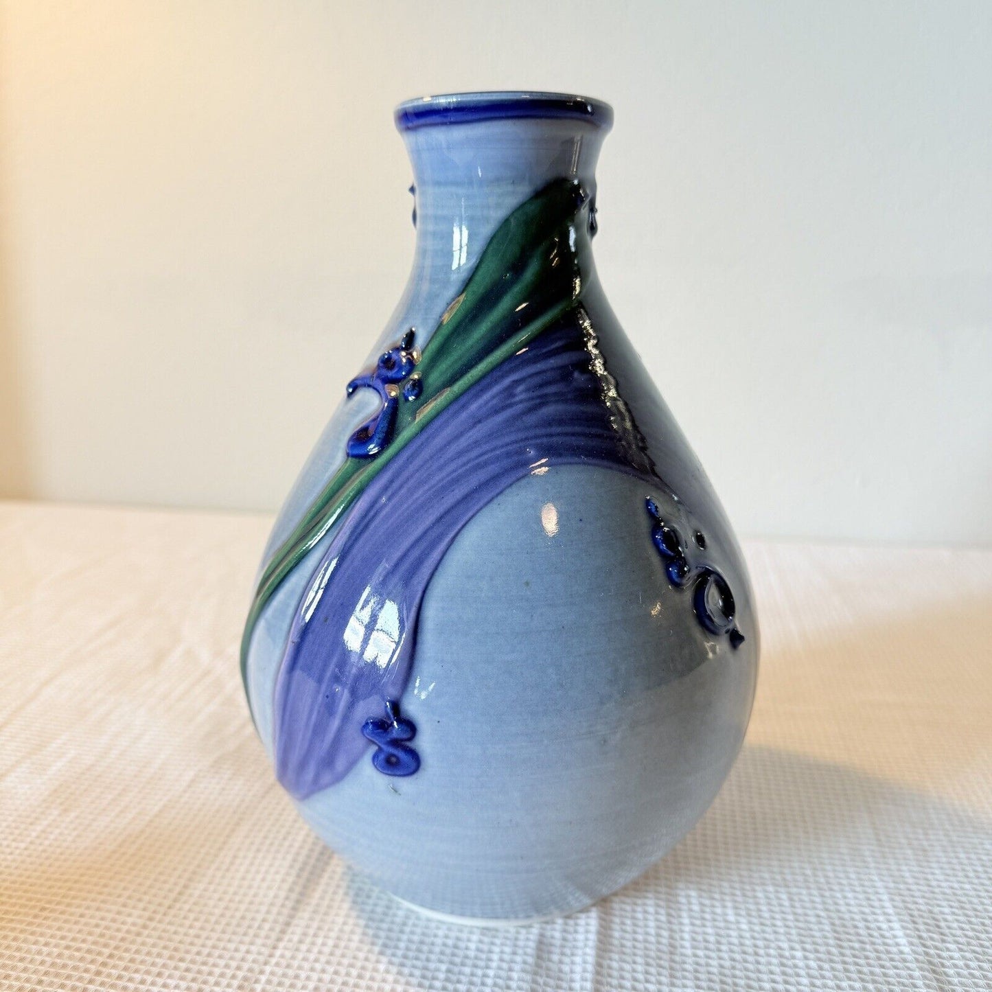 Studio Pottery Flower Vase Blue Purple Drip Ceramic Signed 8in H Swirls Leaf