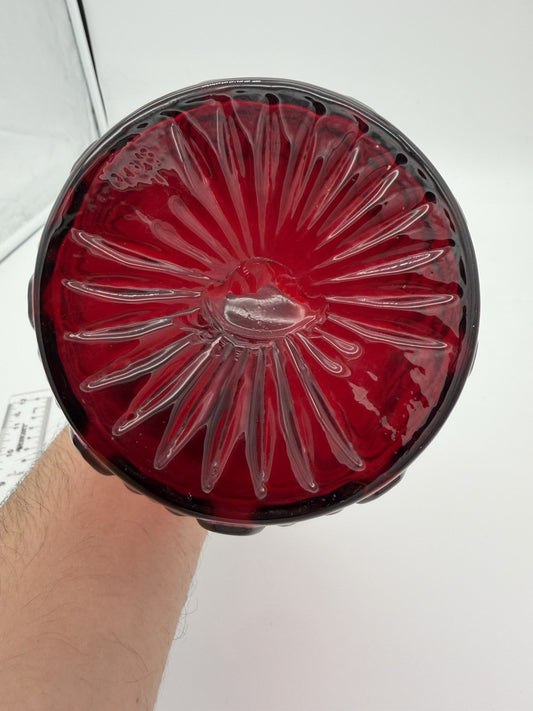 MCM Hand Blown RAINBOW Art Glass Ruby Red Genie Bottle Decanter  W/Stopper 13”H