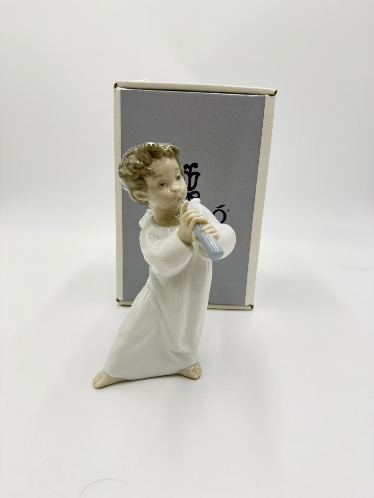 Lladro Spain Porcelain Angel W/ Flute NIB 5” Painted Vintage Figurine
