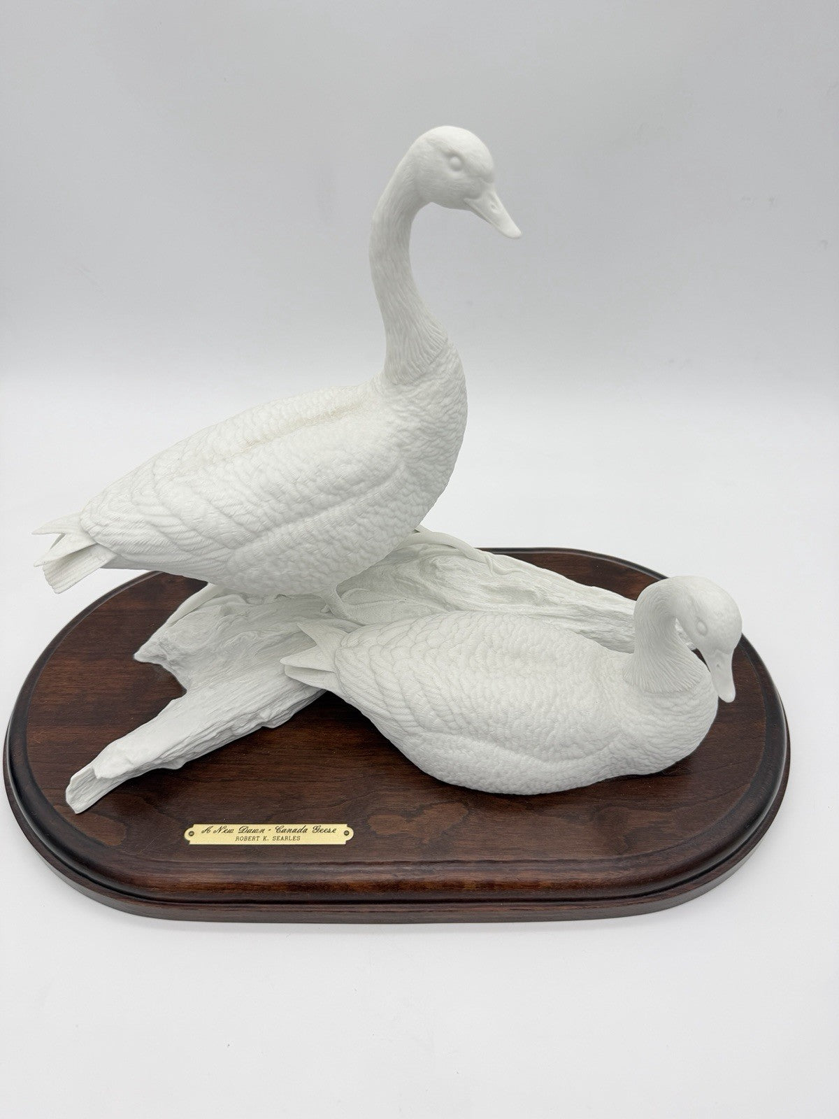 Robert E. Searles white bisque porcelain Canada Geese sculpture A New Dawn wood