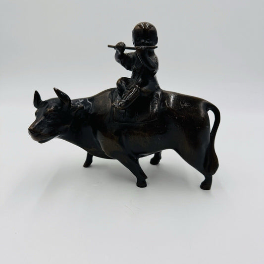 Japanese Bronze Sculpture Bulls Okimono Boy playing a flute Bull Ox Figurine