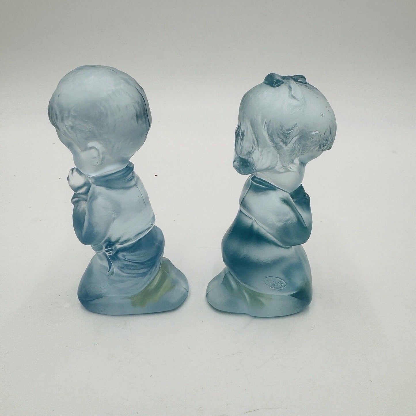 Fenton Art Glass Frosted Babies Blue Girl & Boy Kneeling Praying Figurines 3.5in