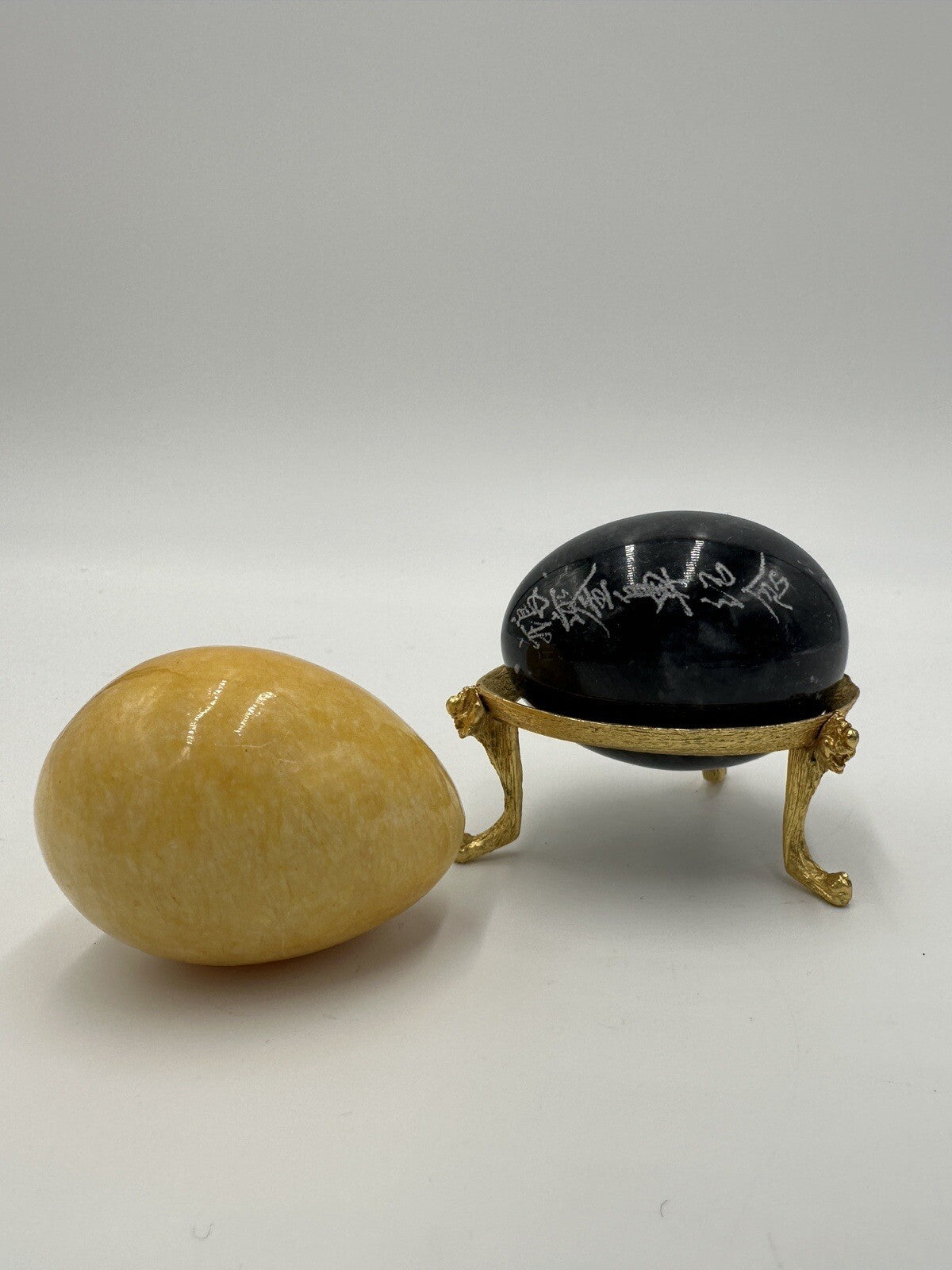 Alabaster Marble Eggs Stone 3in Etching Asian Words Yellow Black Vintage Easter