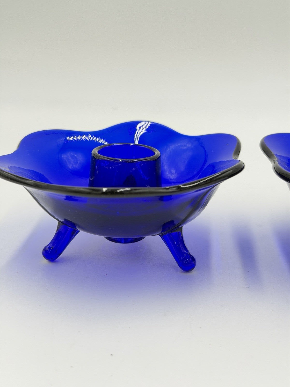 Fenton Art Glass Blue Cobalt Footed Candle Holder Set 2 PCs Vintage