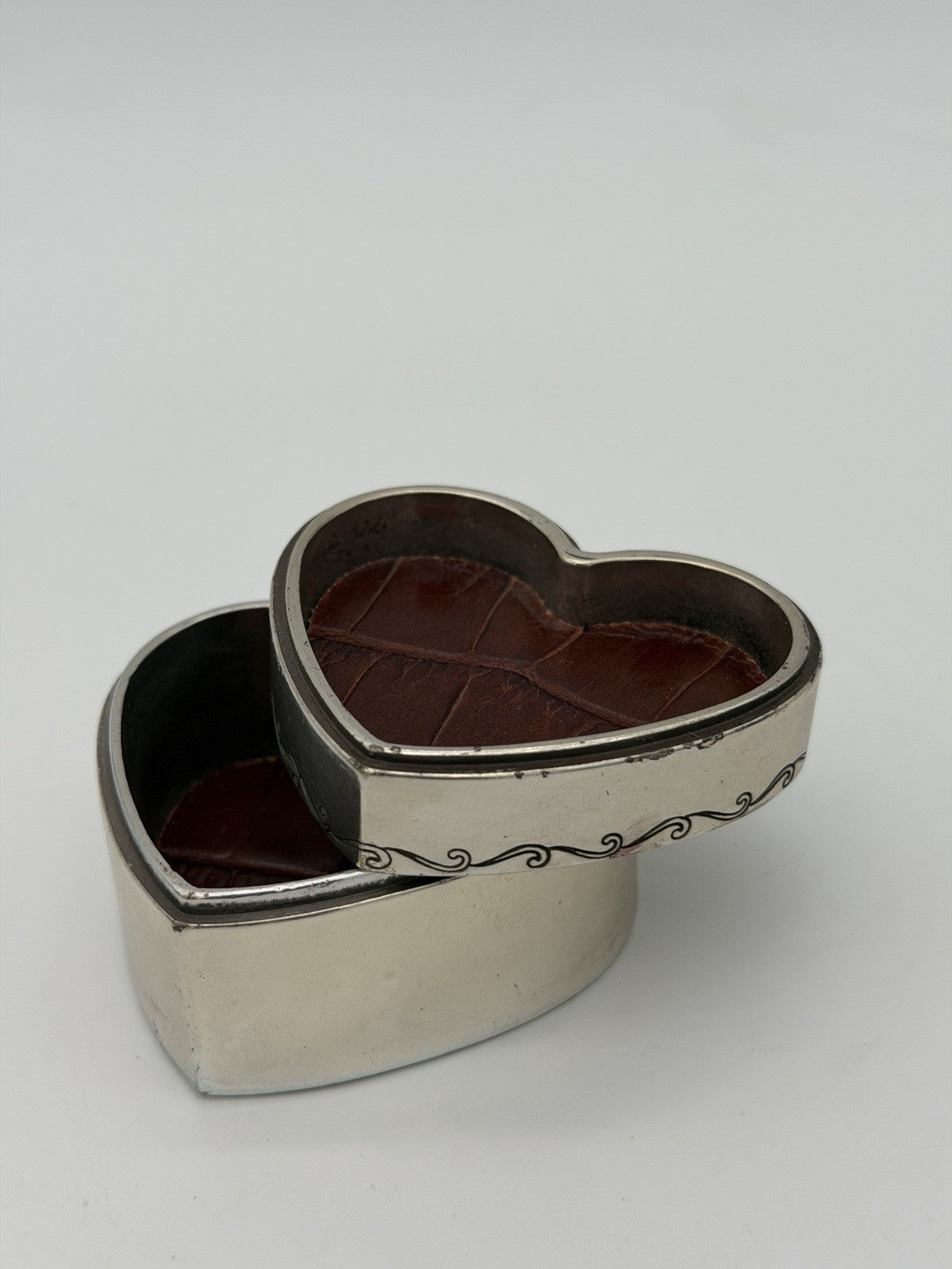 Vintage Brighton Silver Tone Trinket Box Heart Shape Leather Accents Jewelry Box
