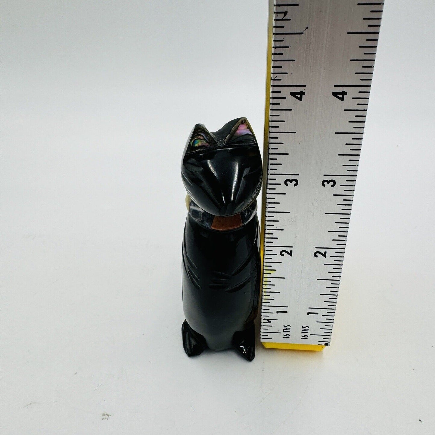 Carved Black Obsidian Cat Figurine Abalone Ears, Gemstone Collar 3.5in Signed