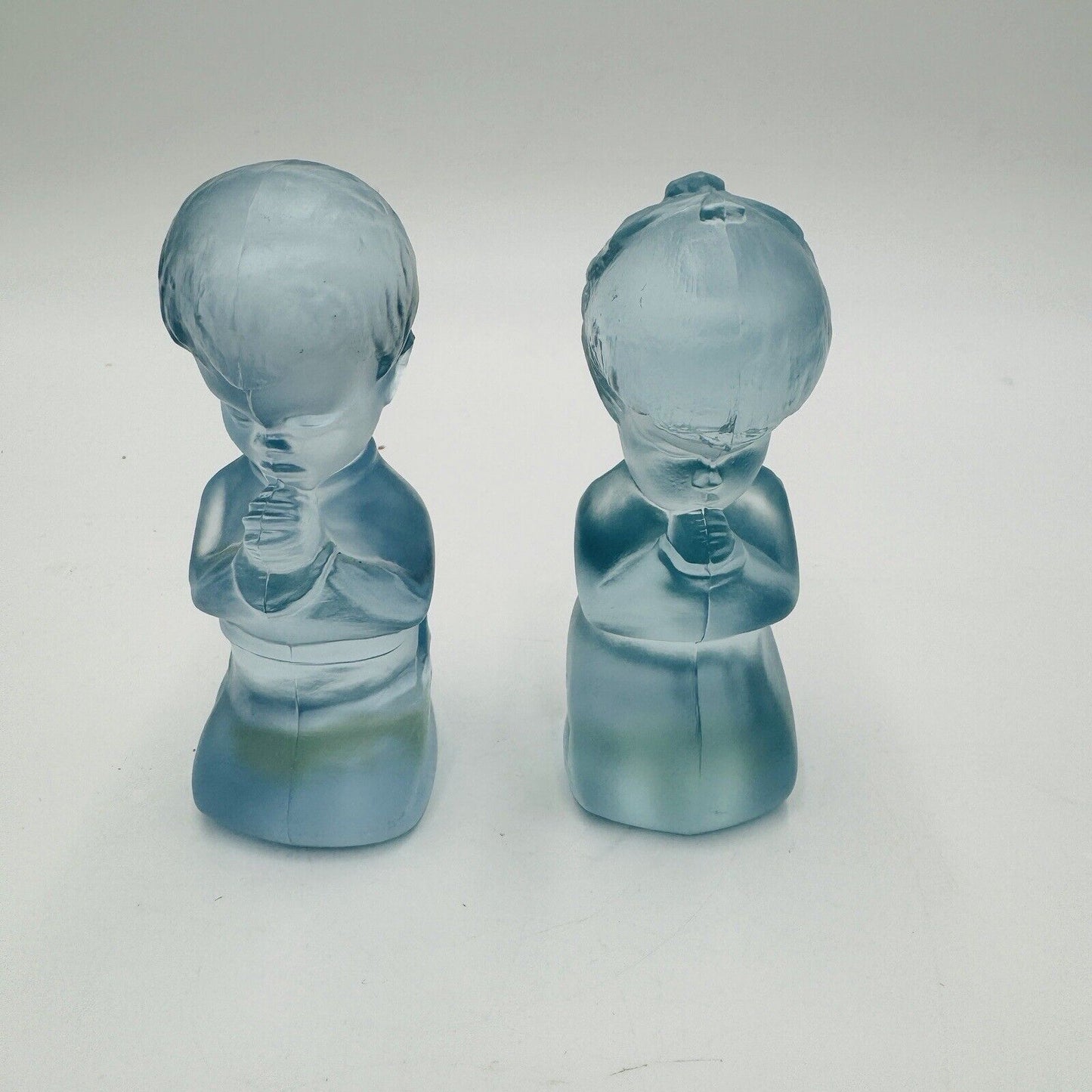 Fenton Art Glass Frosted Babies Blue Girl & Boy Kneeling Praying Figurines 3.5in