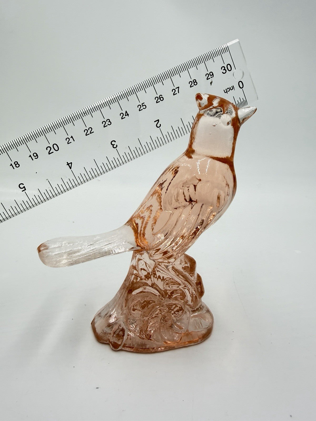 Vintage Mosser Art Glass Peach Frosted Cardinal Bird Figurine 5”H X5”L