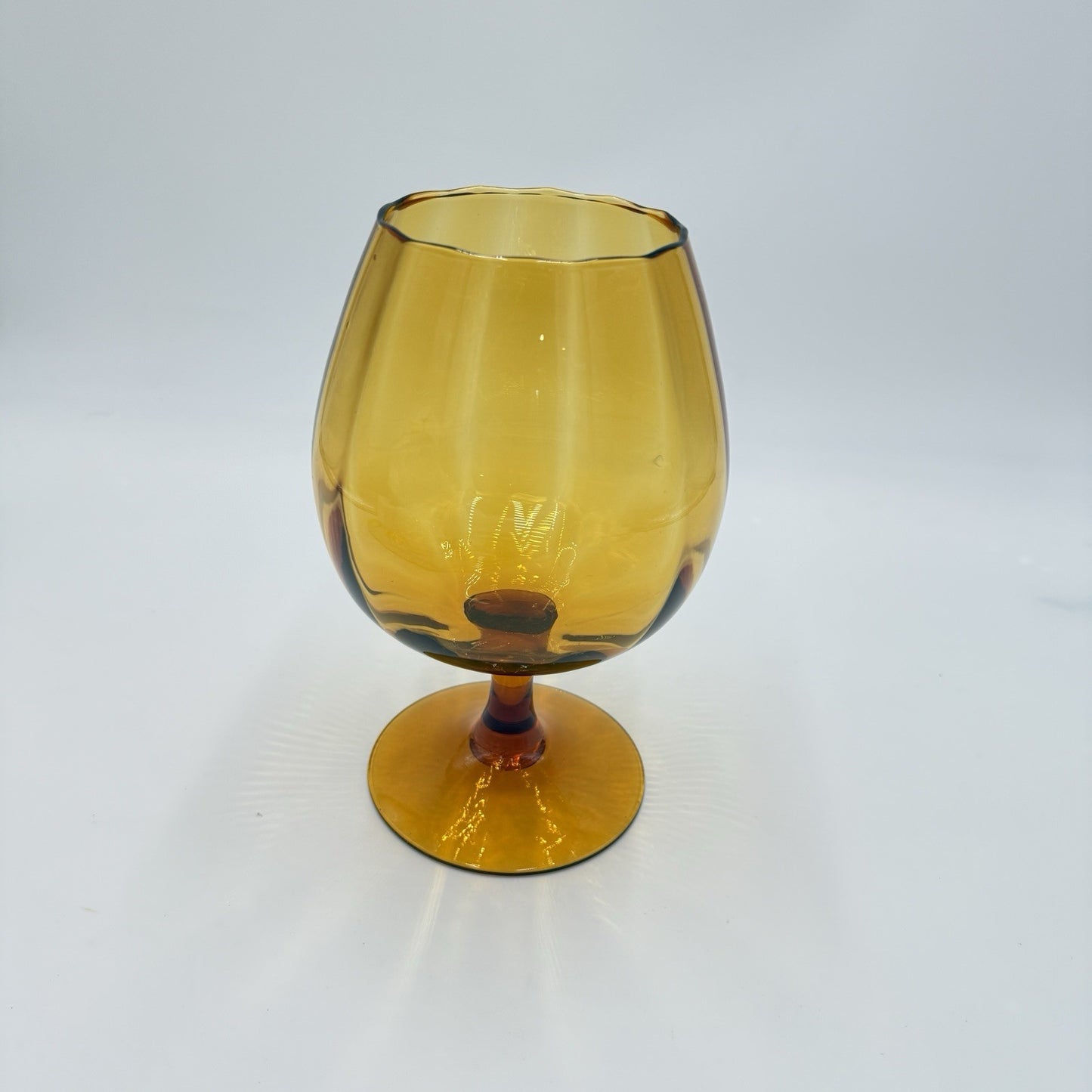 Vintage MCM Empoli Amber Art Glass Ribbed Footed Compote Italy 8in