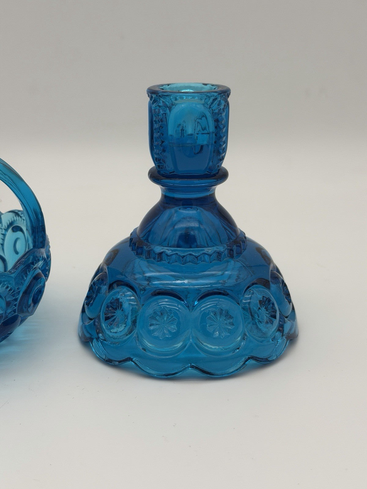 MCM LE Smith Moon & Stars Art glass basket & Candleholder colonial blue Set