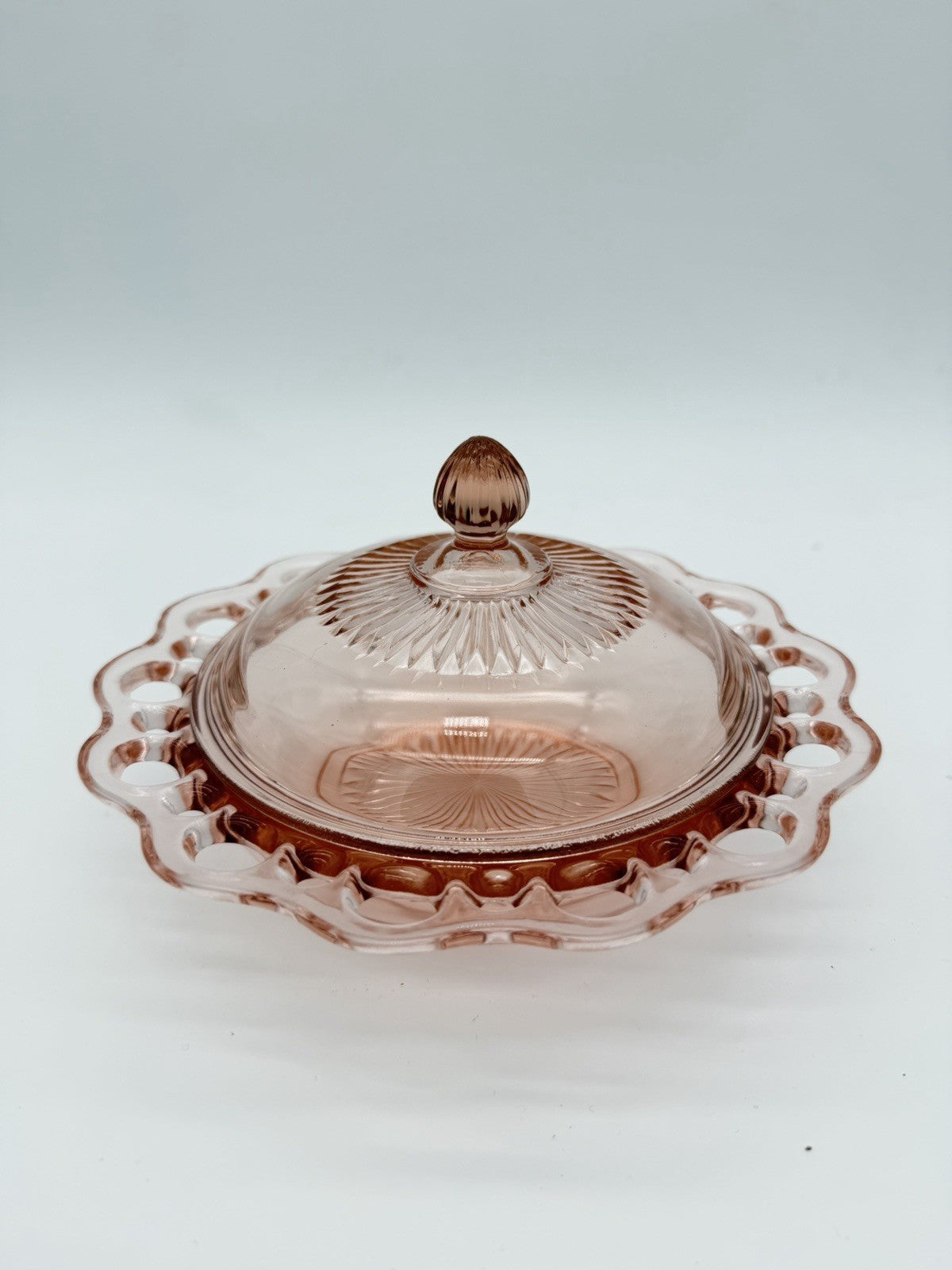 Vtg Anchor Hocking Art Glass Old Colony Lace Edge Pink Depression Butter Dish