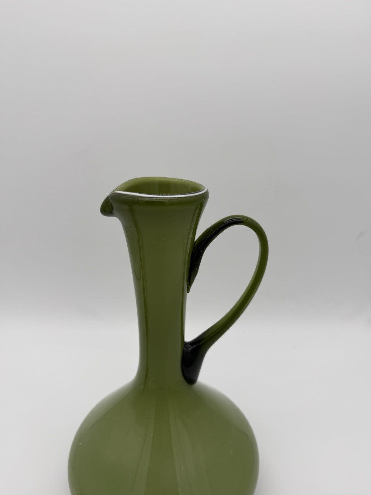 MCM Empoli Italy Olive Green Cased Art Glass Ewer Pitcher Wine Bottle Italy 12”