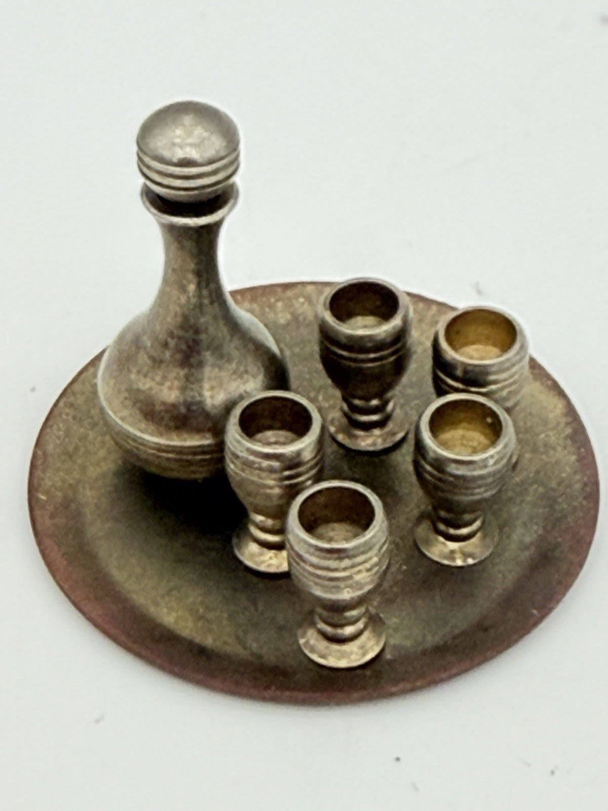 Vintage Dollhouse Miniature Brass 7pc Wine Set Tray Mini Goblets & Decanter 1:12