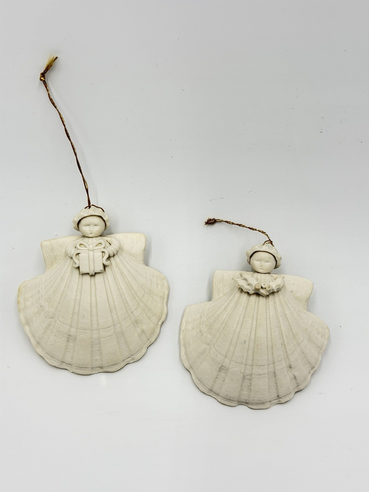 Margaret Furlong White Bisque Shell Angel Porcelain W/ Gift & Holly Ornaments 2